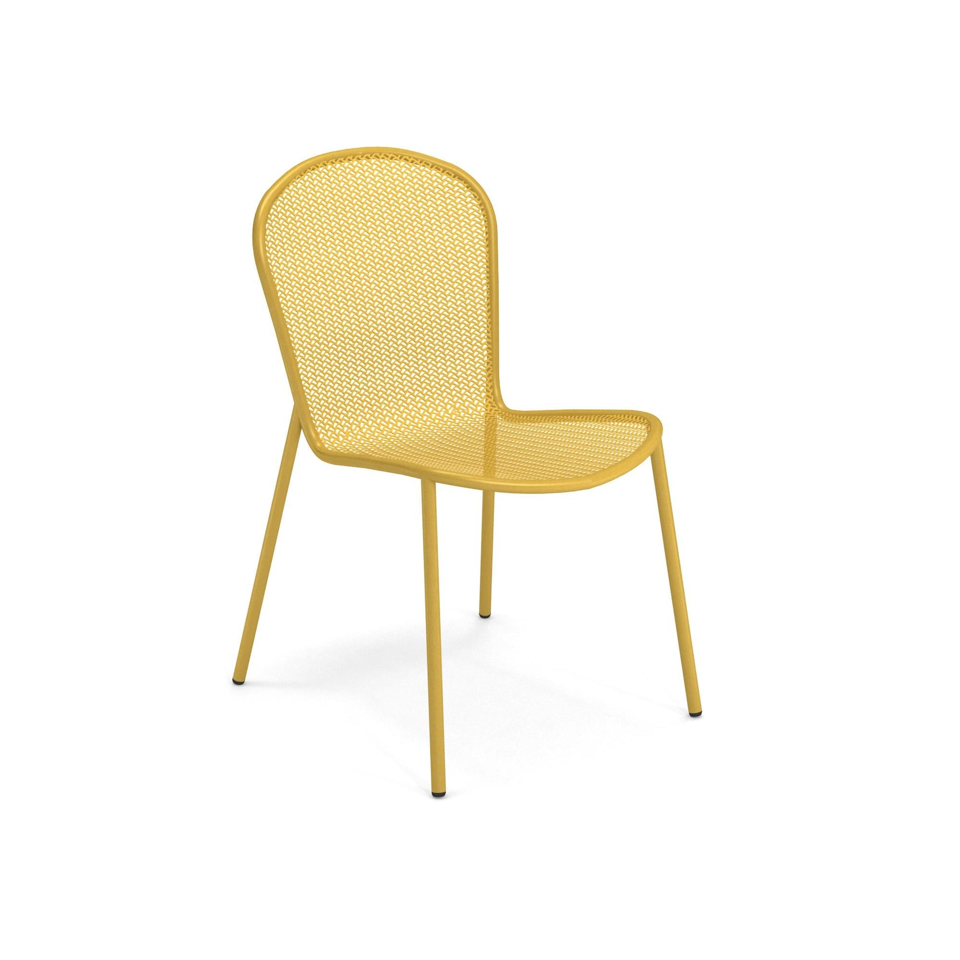 Emu Ronda 2.0 E457 outdoor stacking chair in curry yellow steel, offering bold color and durable all-weather seating.