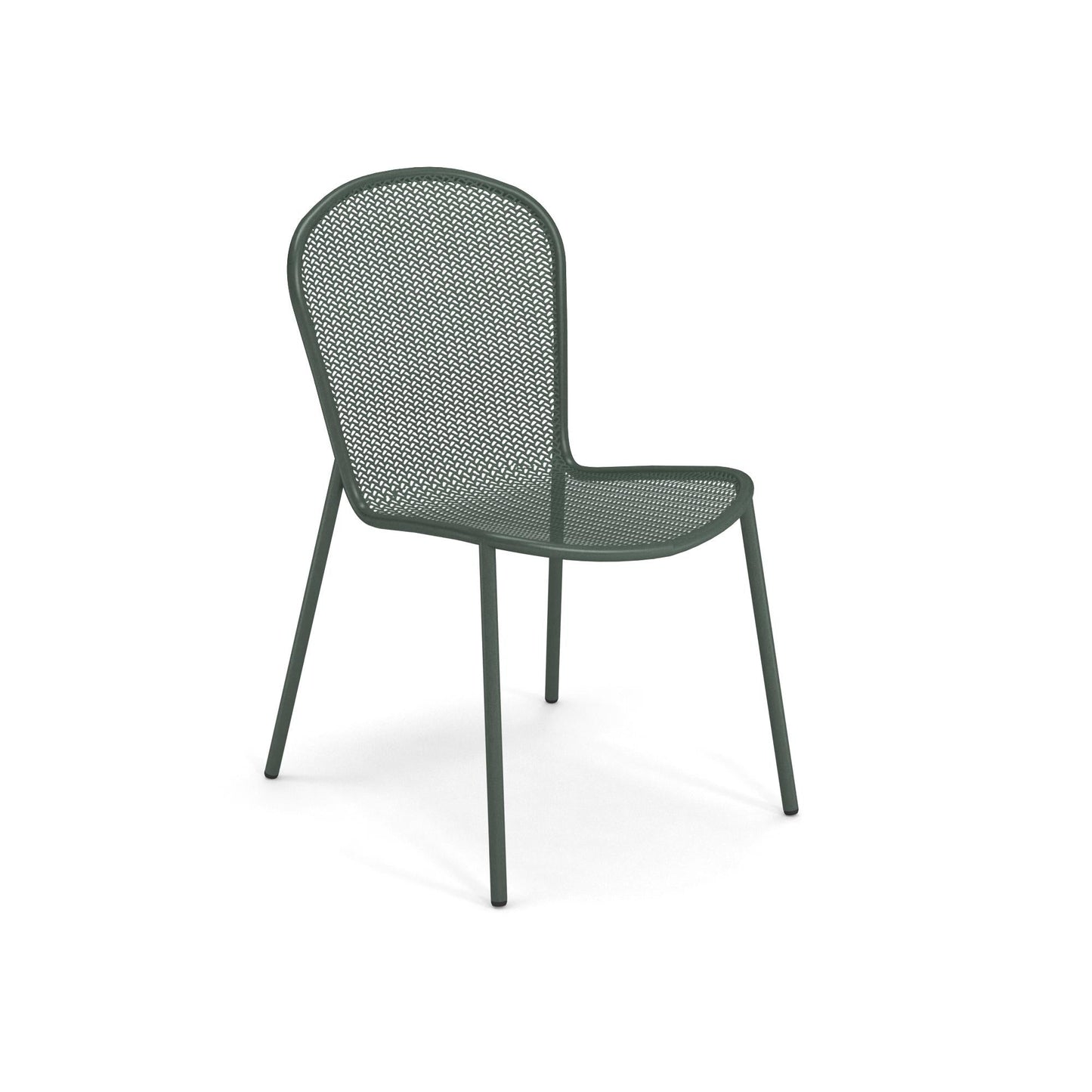 Emu Ronda 2.0 E457 stacking outdoor chair in dark green, featuring powder-coated tubular steel and breathable mesh seat.
