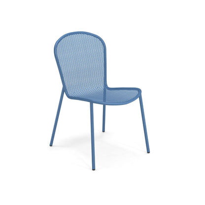 Emu Ronda 2.0 E457 stacking chair in marine blue steel mesh with powder-coated tubular frame, ideal for modern patios and restaurant terraces.