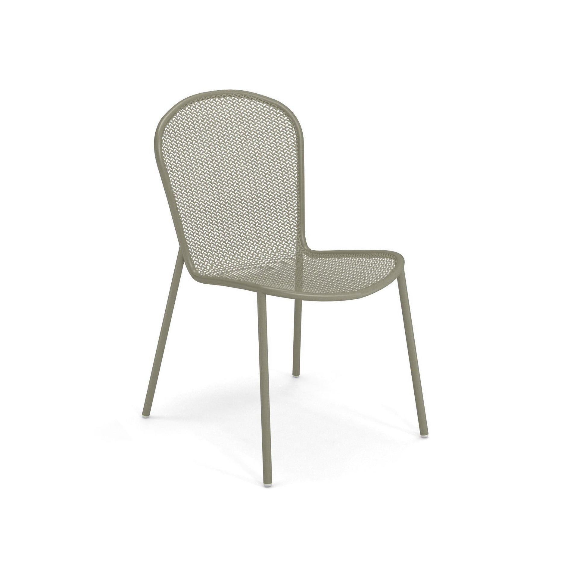Emu Ronda 2.0 E457 patio chair in moss grey steel mesh, designed for modern outdoor dining and easy stacking storage.