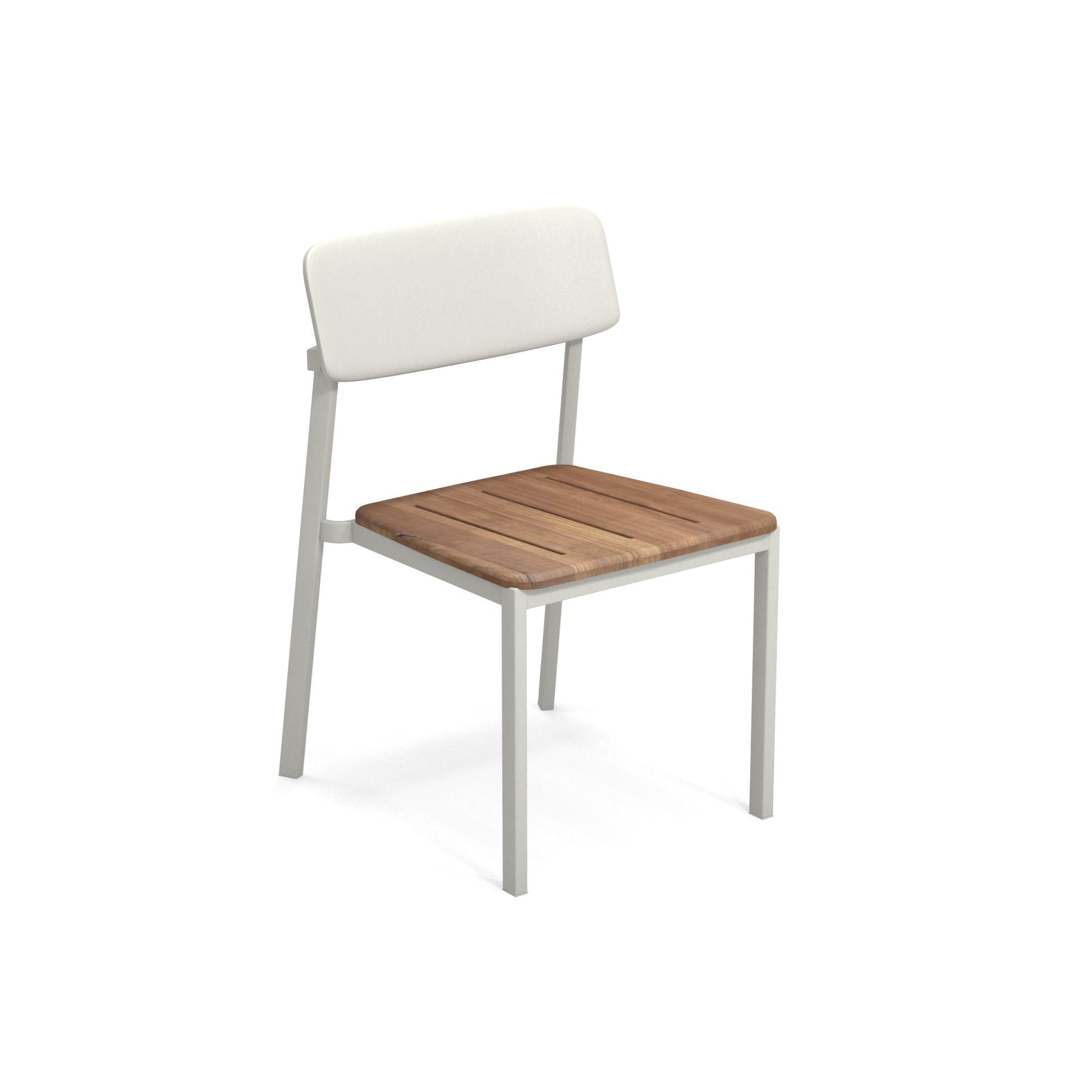 Emu Shine E247T stacking side chair in white aluminum with natural teak seat and back, ideal for modern patios, cafés, and coastal dining spaces.