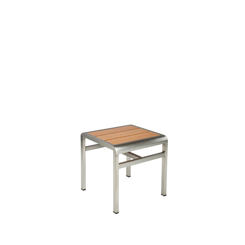 Emu SID A1021 aluminum stool and side table with brushed aluminum frame and oak slat top, designed for indoor or outdoor hospitality and residential spaces.