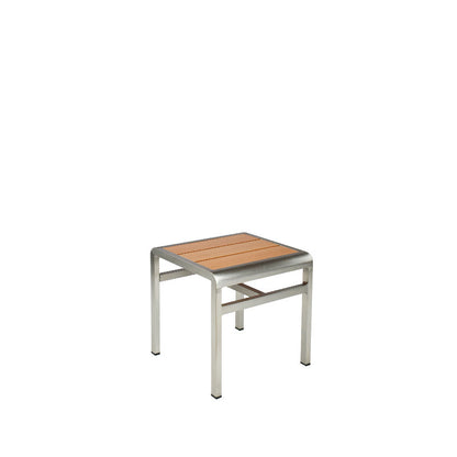 Emu SID A1021 aluminum stool and side table with brushed aluminum frame and oak slat top, designed for indoor or outdoor hospitality and residential spaces.