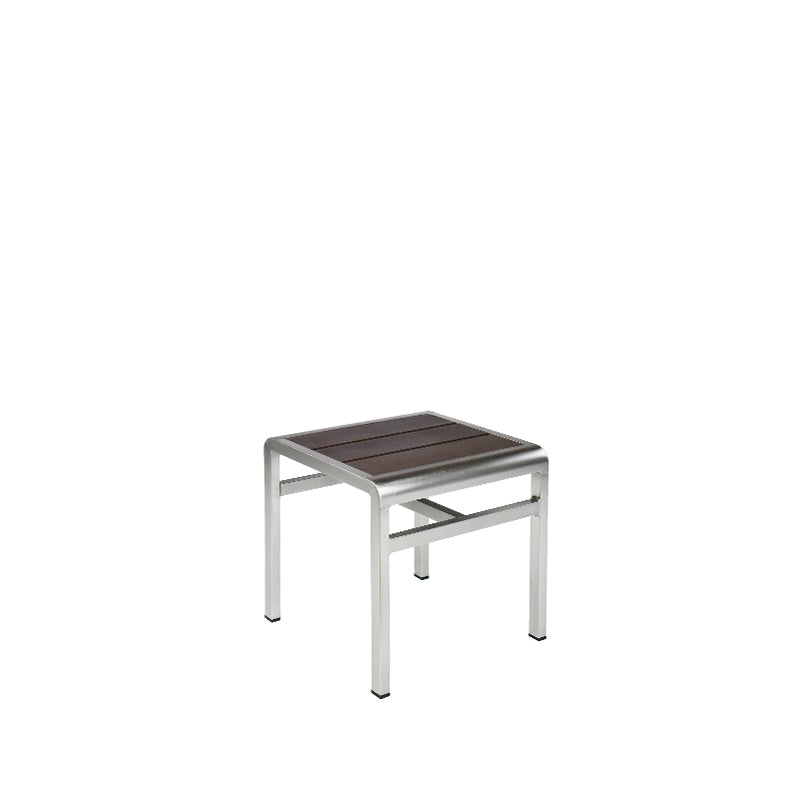 Emu SID A1021 stackable aluminum stool side table with brushed aluminum frame and dark wenge top, modern design for restaurant and patio settings.