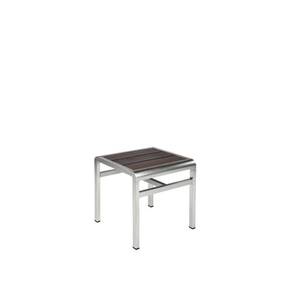 Emu SID A1021 stackable aluminum stool side table with brushed aluminum frame and dark wenge top, modern design for restaurant and patio settings.
