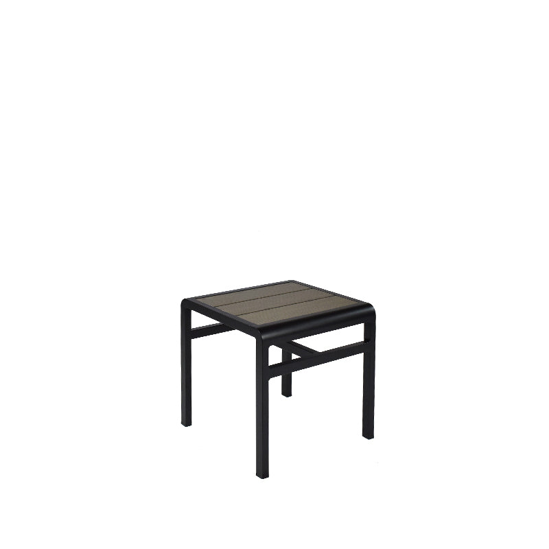 Emu SID A1021 aluminum stool and side table with walnut finish top, lightweight and durable for commercial or residential use indoors and outdoors.
