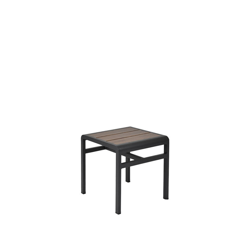 Emu SID A1021 grey aluminum stool and side table with slatted top, minimalist design ideal for cafés, outdoor lounges, and modern dining spaces.