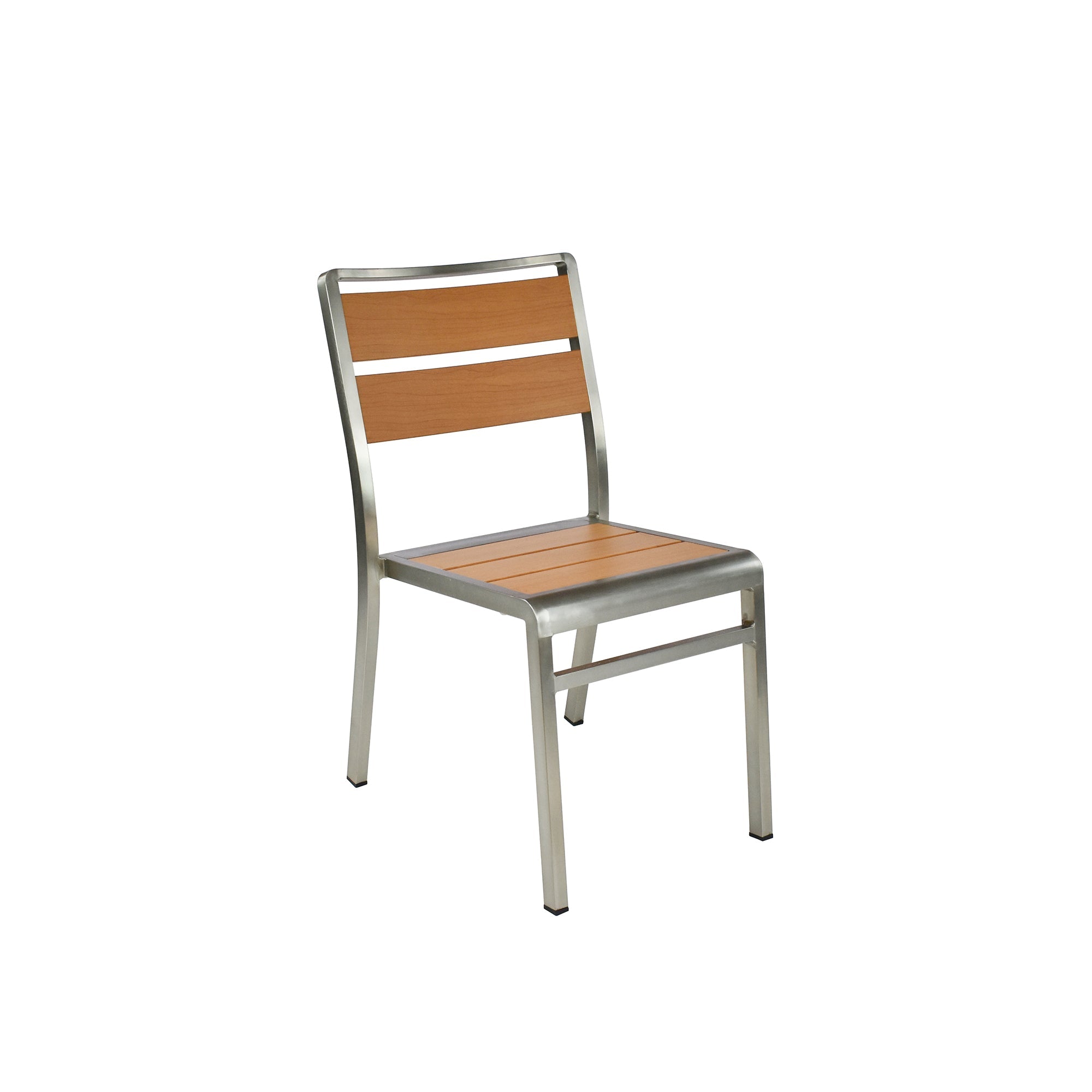 Emu Sid AB 1020HD aluminum stacking side chair with brushed aluminum frame and oak finish seat and back, designed for indoor and outdoor dining.