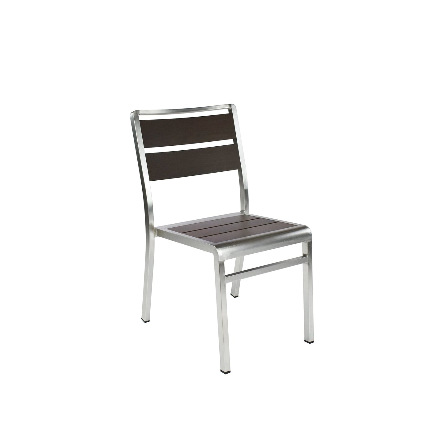 Emu Sid AB 1020HD brushed aluminum stacking chair with dark wenge finish slats, modern design for restaurant patios and dining areas.