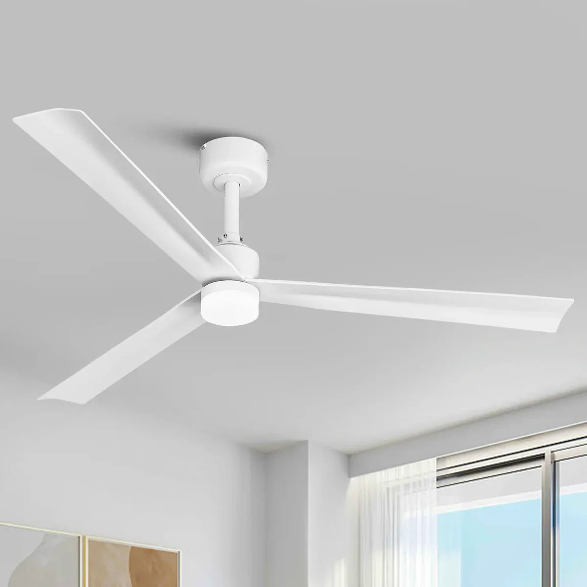 Modern white ceiling fan with three blades and dimmable LED lighting for commercial interiors