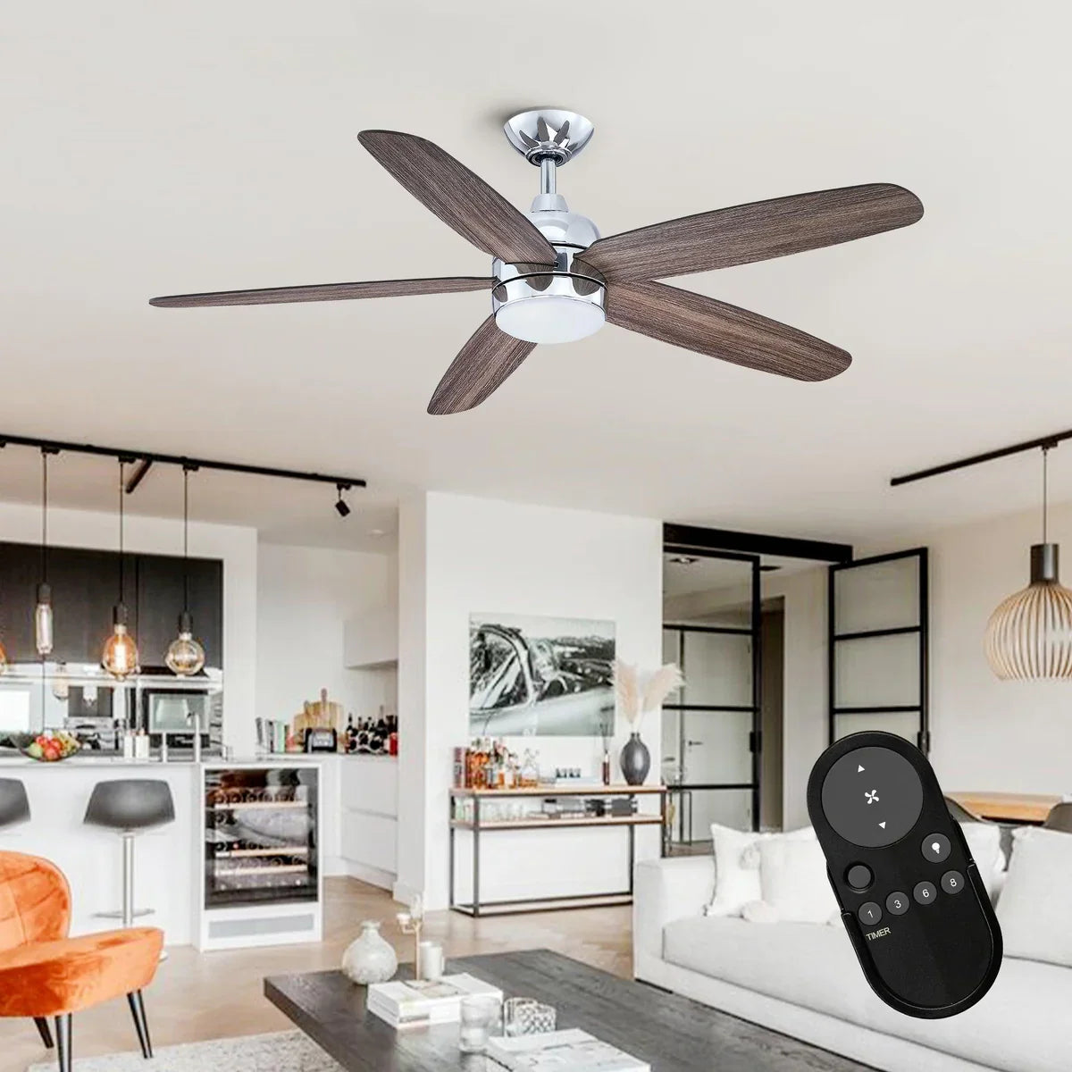 52-inch farmhouse ceiling fan with LED light and energy-efficient airflow for cafés