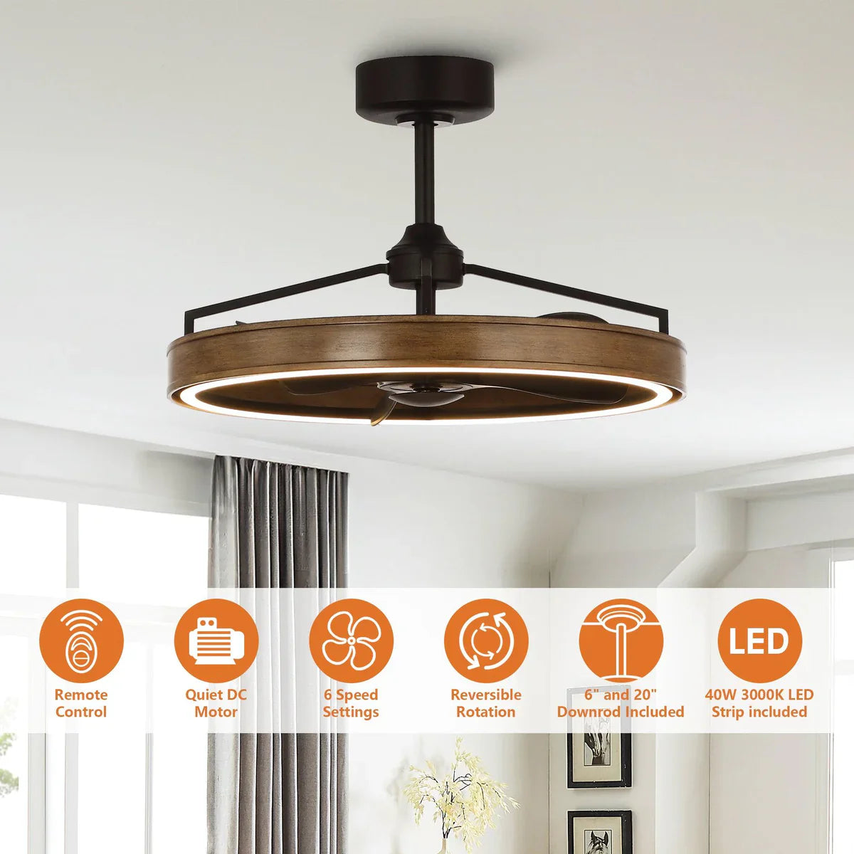Brown downrod ceiling fan with warm LED lighting and six-speed remote control