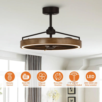 Brown downrod ceiling fan with warm LED lighting and six-speed remote control