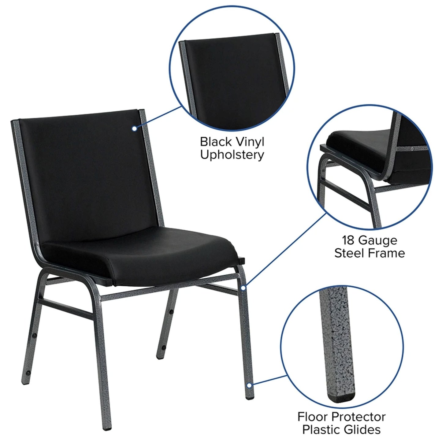Stacking chair with black frame, silver vein steel legs, and black vinyl upholstered seat and back with product feature highlights.