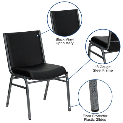Stacking chair with black frame, silver vein steel legs, and black vinyl upholstered seat and back with product feature highlights.