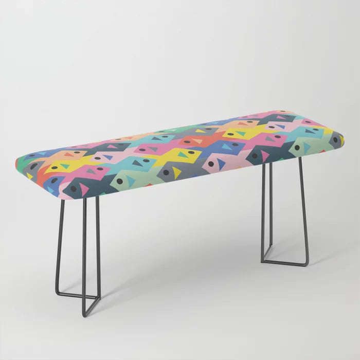 Fish Tessellation Bench by Elfina with black steel legs – modern geometric vegan leather bench ideal for restaurant lounges, boutique hotels, and contemporary café interiors