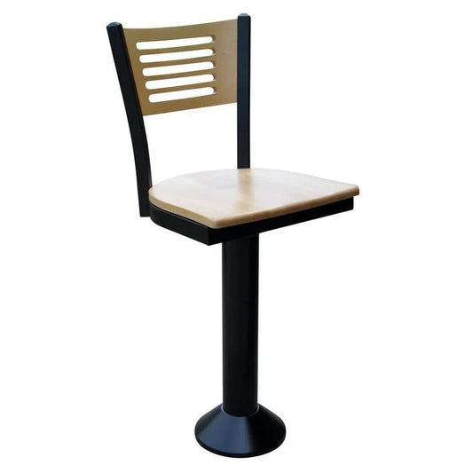 Front view of floor-mounted counter stool with solid wood seat and 5-slot plywood back, heavy-duty base for restaurant or bar seating.