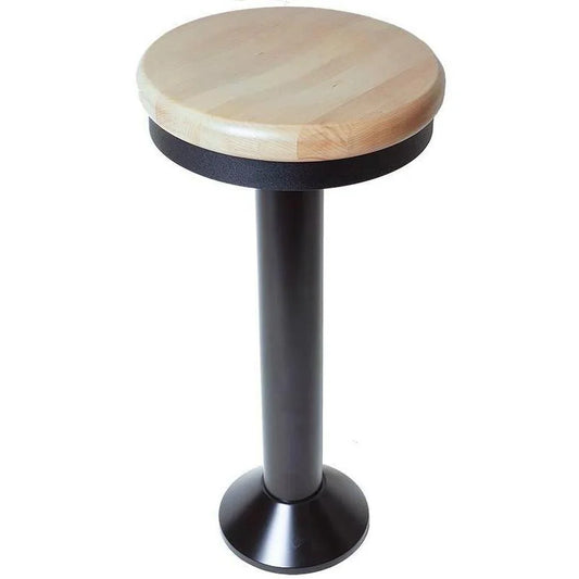 Front view of floor-mounted backless counter stool with natural beech wood seat and sturdy metal column, suited for cafés and diners.