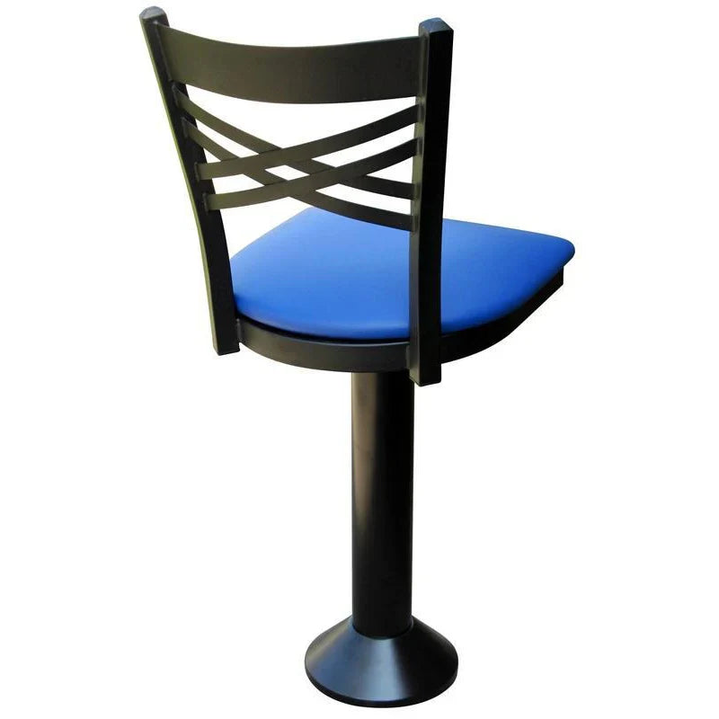 Side view of floor-mounted counter stool with upholstered seat, metal cross backrest, and swivel base, designed for commercial use.
