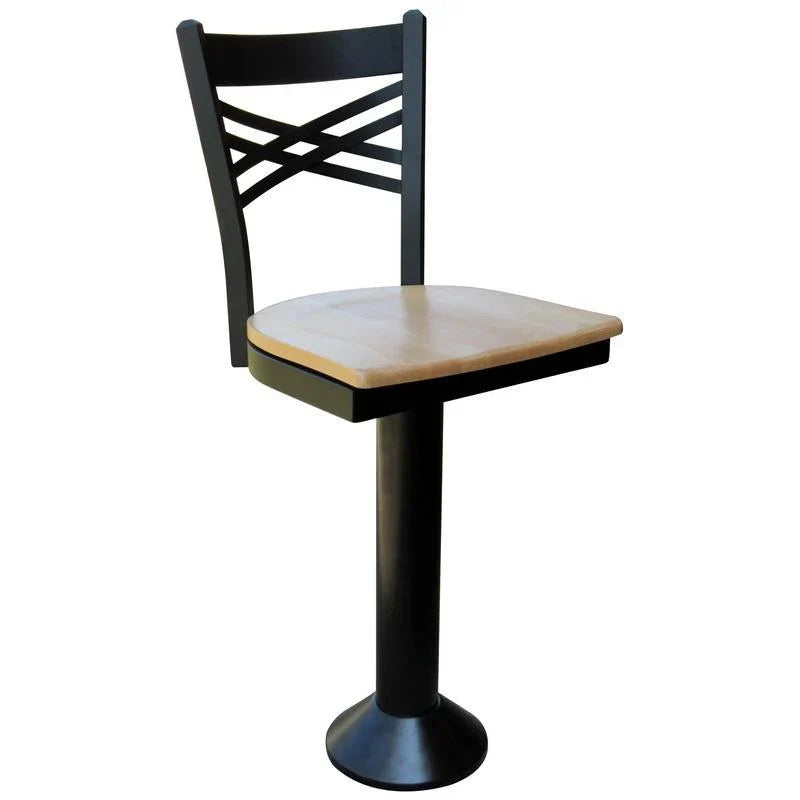 Front view of floor-mounted counter stool with wood seat and double cross metal back, commercial swivel stool for dining or bar spaces.