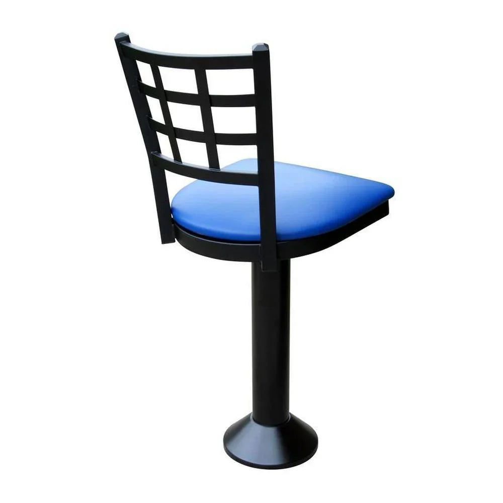 Side view of floor-mounted stool with upholstered seat, lattice window backrest, and swivel base, ideal for commercial dining spaces.