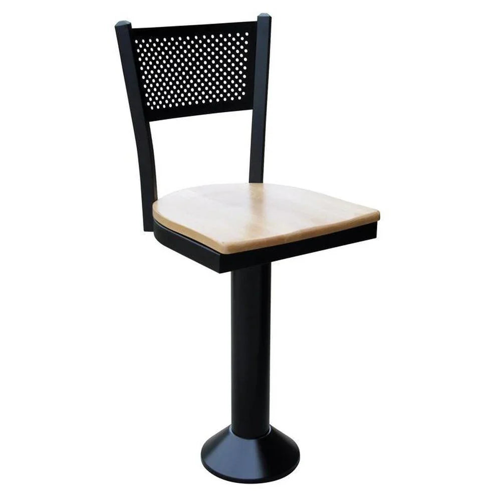 Front view of floor-mounted counter stool with upholstered swivel seat and mesh metal back, ideal for restaurants and bars.