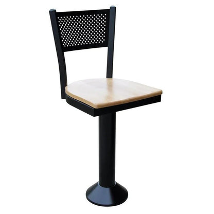 Front view of floor-mounted counter stool with upholstered swivel seat and mesh metal back, ideal for restaurants and bars.