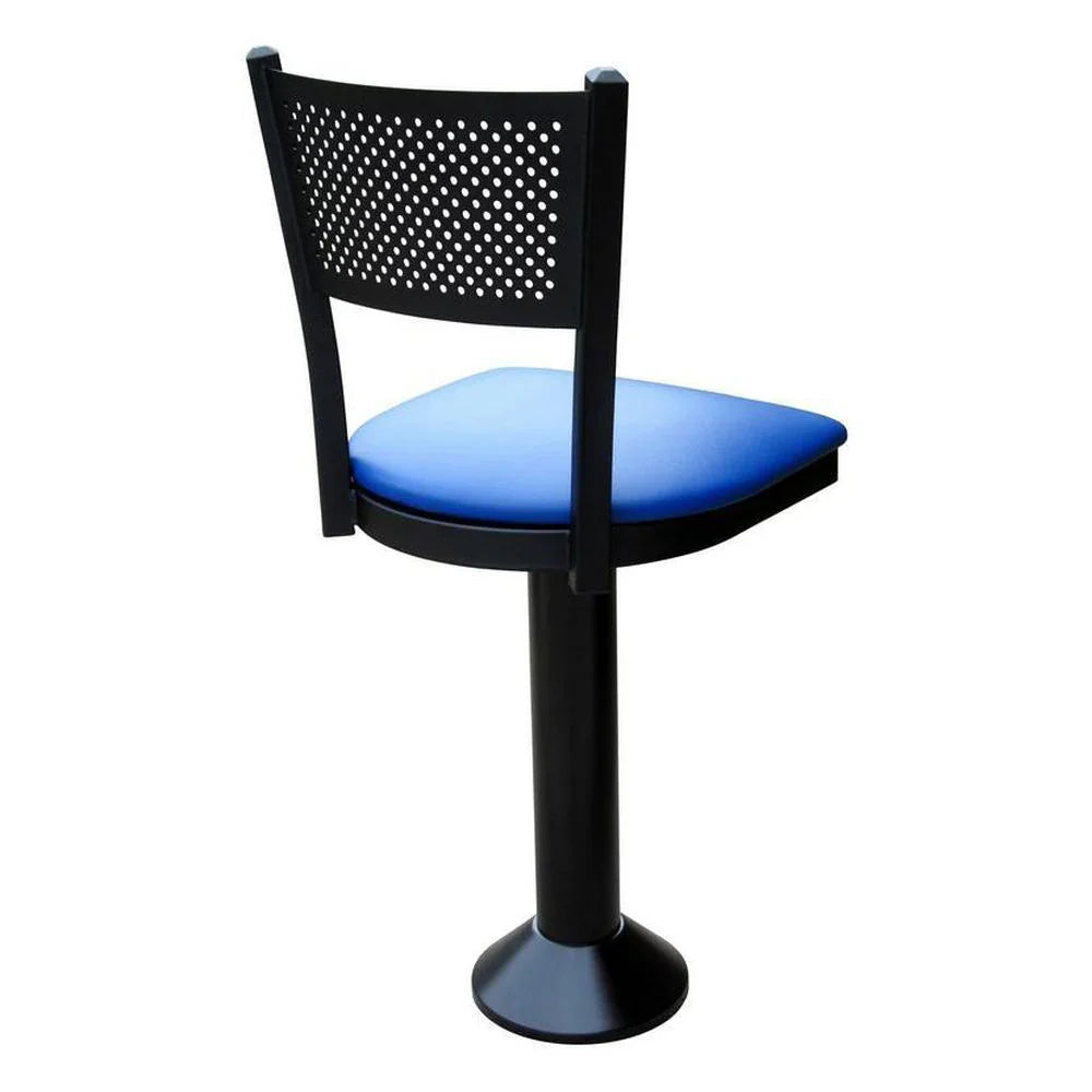 Side view of floor-mounted stool showing upholstered seat, mesh metal back, and heavy-duty cast iron base for commercial use.