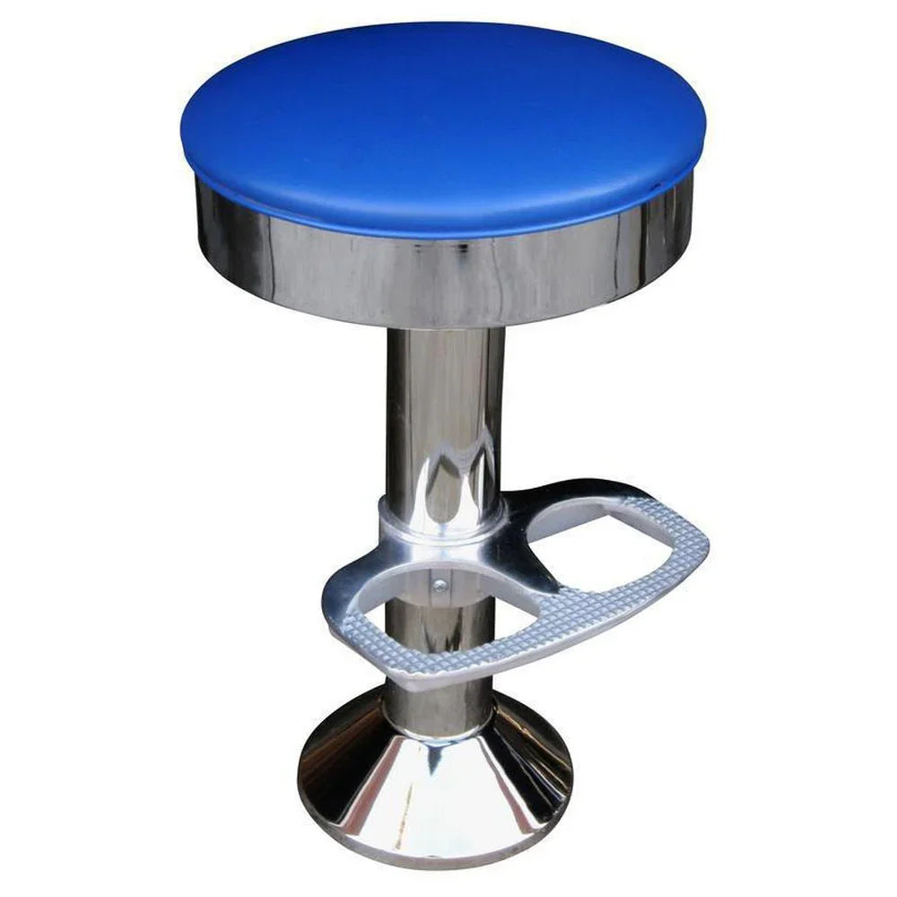 Front view of chrome floor-mounted soda fountain stool with 360-degree swivel seat and padded top, built for commercial dining.