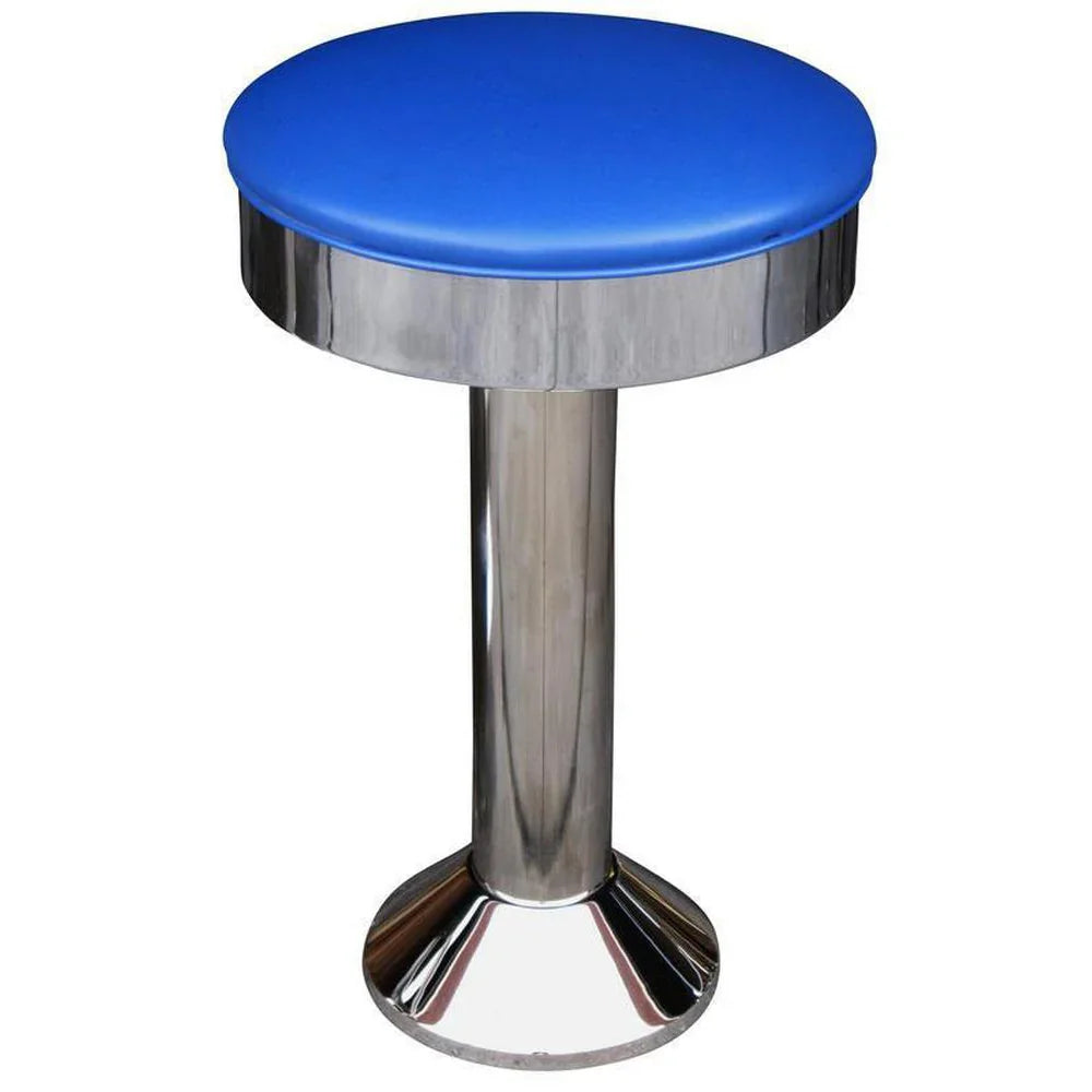 Side view of backless chrome soda fountain stool with swivel seat and flat pan design, perfect for cafés and hospitality settings.