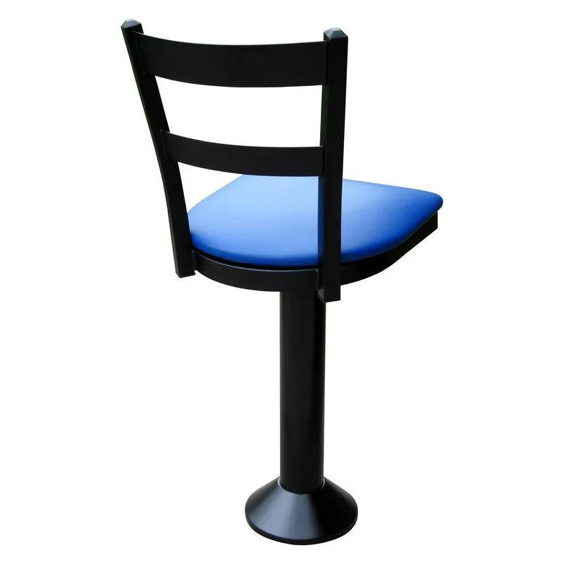 Side view of floor-mounted stool with upholstered seat, two-ladder metal backrest, and swivel base, designed for commercial use.