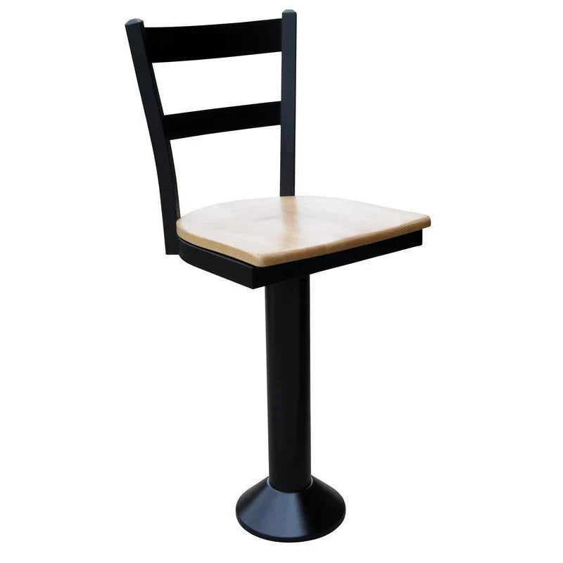 Front view of floor-mounted counter stool with solid wood seat and two-ladder metal back, heavy-duty swivel base for restaurants and cafés.
