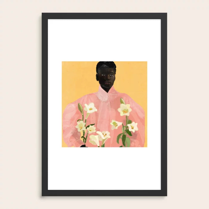 Girl Holding Flowers 2 Art Print by ThingDesign in black wood frame, featuring minimalist portrait and soft botanical tones for contemporary interiors.