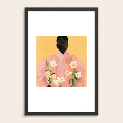 Girl Holding Flowers 2 Art Print by ThingDesign in black wood frame, featuring minimalist portrait and soft botanical tones for contemporary interiors.