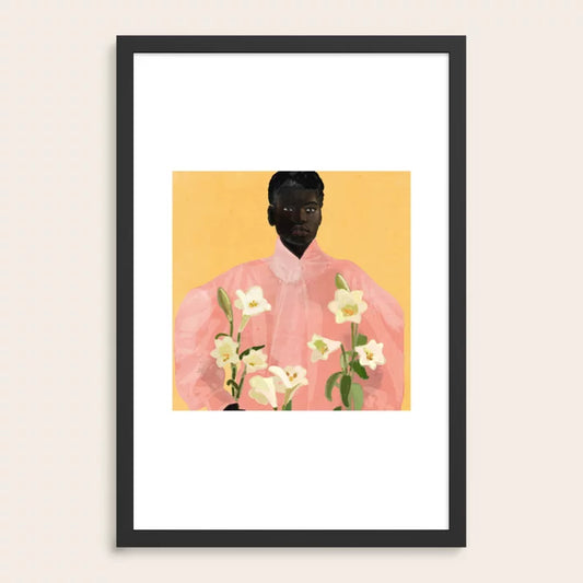 Girl Holding Flowers 2 Art Print by ThingDesign in black wood frame, featuring minimalist portrait and soft botanical tones for contemporary interiors.