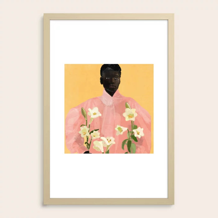 Girl Holding Flowers 2 Art Print by ThingDesign in light maple frame, minimalist floral portrait art for stylish cafe or coffee house