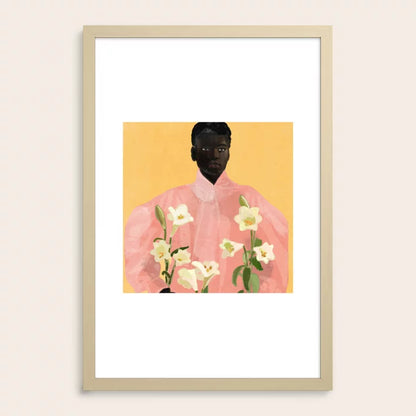 Girl Holding Flowers 2 Art Print by ThingDesign in light maple frame, minimalist floral portrait art for stylish cafe or coffee house