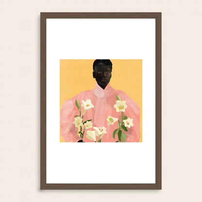 Girl Holding Flowers 2 Art Print by ThingDesign in walnut wood frame, warm modern botanical wall art ideal for cafe and restaurant