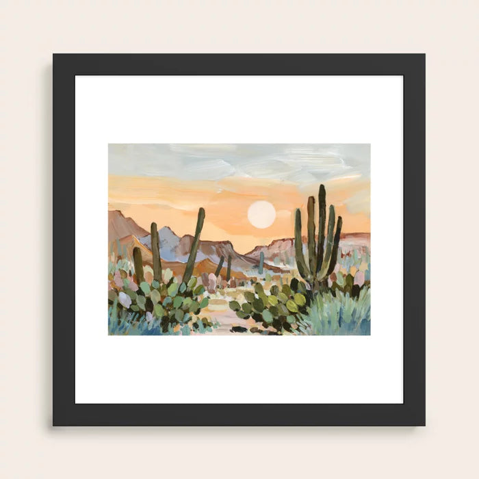 Glowing Desert Moon Tucson Art Print by Shina Choi Art in black frame, featuring a glowing moon over desert hills, perfect modern wall art for hotels, cafés, and upscale restaurants.
