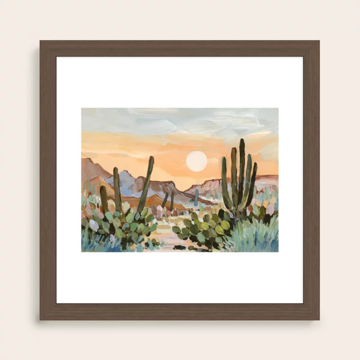 Glowing Desert Moon Tucson Art Print framed in walnut wood, featuring soft earth tones and minimalist moonlit design, elegant wall art for cafés, hotels, and restaurant interiors.