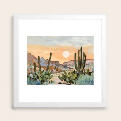 Glowing Desert Moon Tucson Art Print in white frame, showcasing soft desert tones and a luminous moon design, ideal wall décor for boutique hotels, coffee shops, and restaurants.