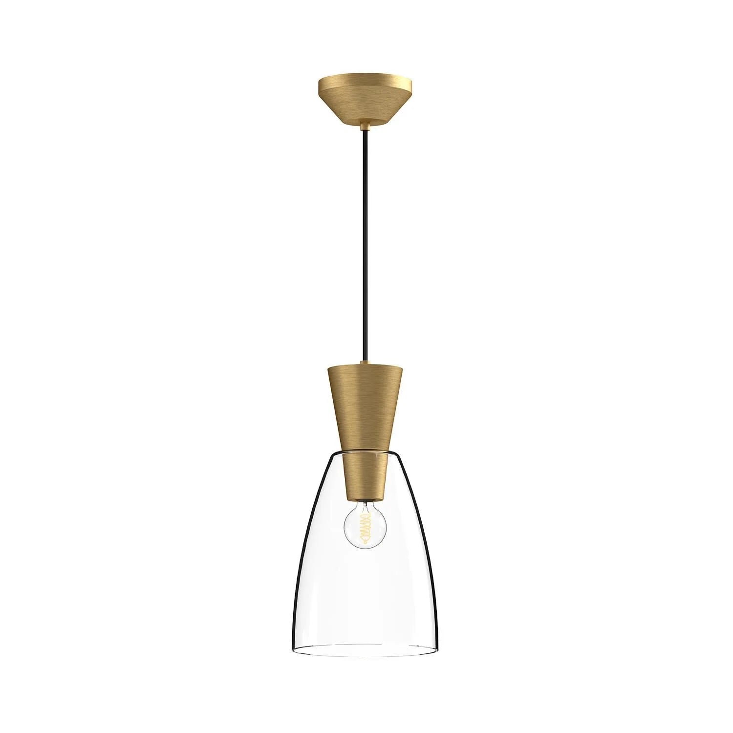 Arlo 7-inch mini pendant light with a clear glass shade and gold metal hardware, suitable for elegant bar, café, and restaurant lighting applications.