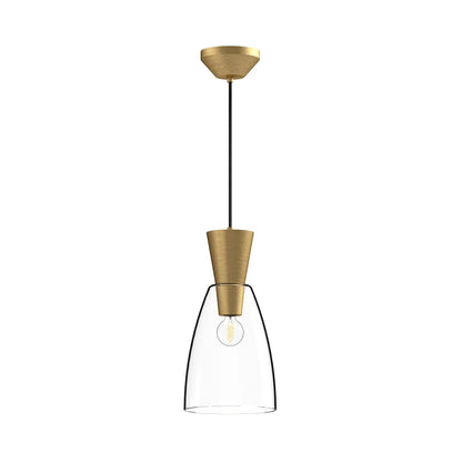 Arlo 7-inch mini pendant light with a clear glass shade and gold metal hardware, suitable for elegant bar, café, and restaurant lighting applications.