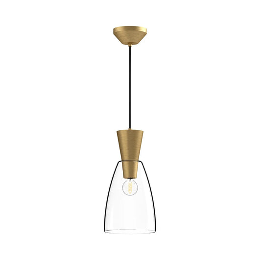 Arlo 7-inch mini pendant light with a clear glass shade and gold metal hardware, suitable for elegant bar, café, and restaurant lighting applications.