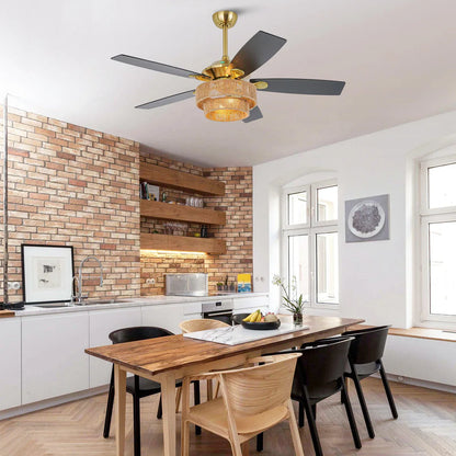 Rustic ceiling fan with hemp rope accents and warm LED illumination for cafés or dining rooms