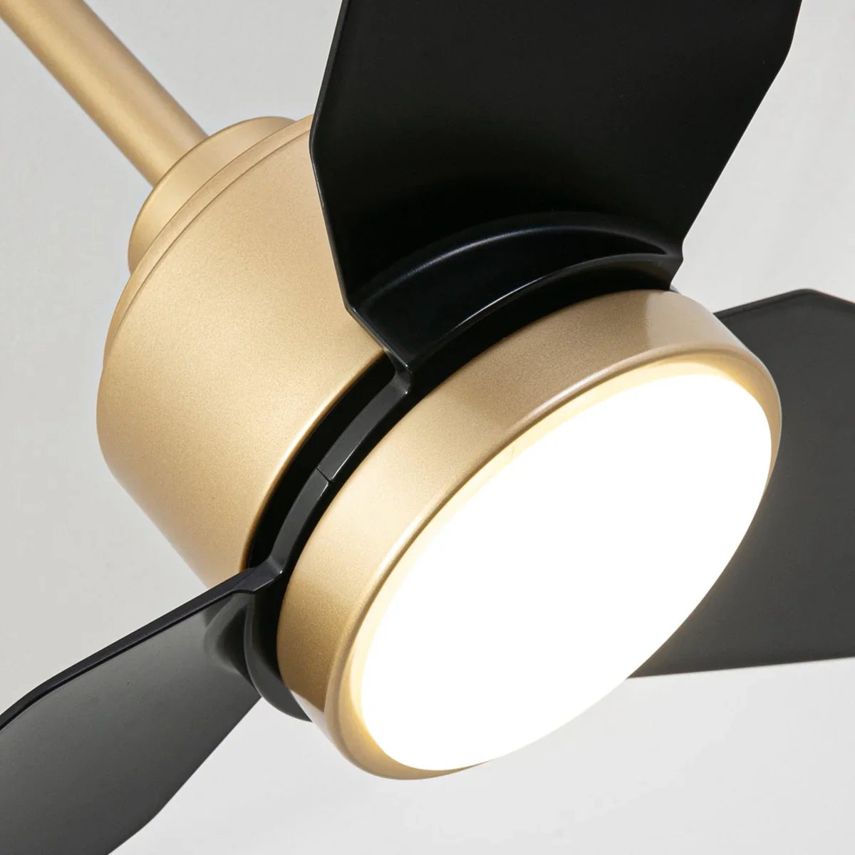 Modern 3-blade golden ceiling fan with dimmable lighting and energy-saving DC motor