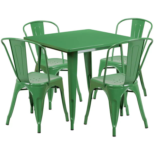 Green powder-coated metal table and chairs set for outdoor restaurant and café seating