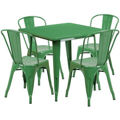 Green powder-coated metal table and chairs set for outdoor restaurant and café seating