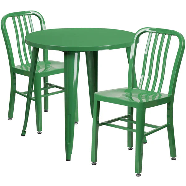 Green metal dining table set with slat back chairs for restaurants and cafés