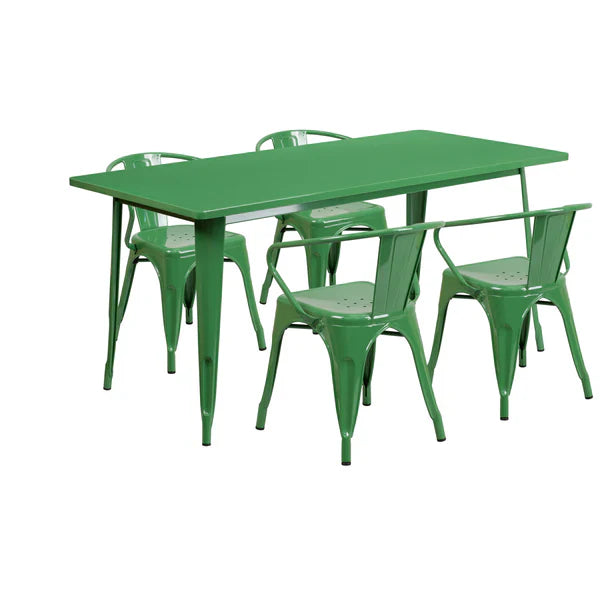 Green rectangular metal dining table set for outdoor restaurants, cafés, and hotel patios